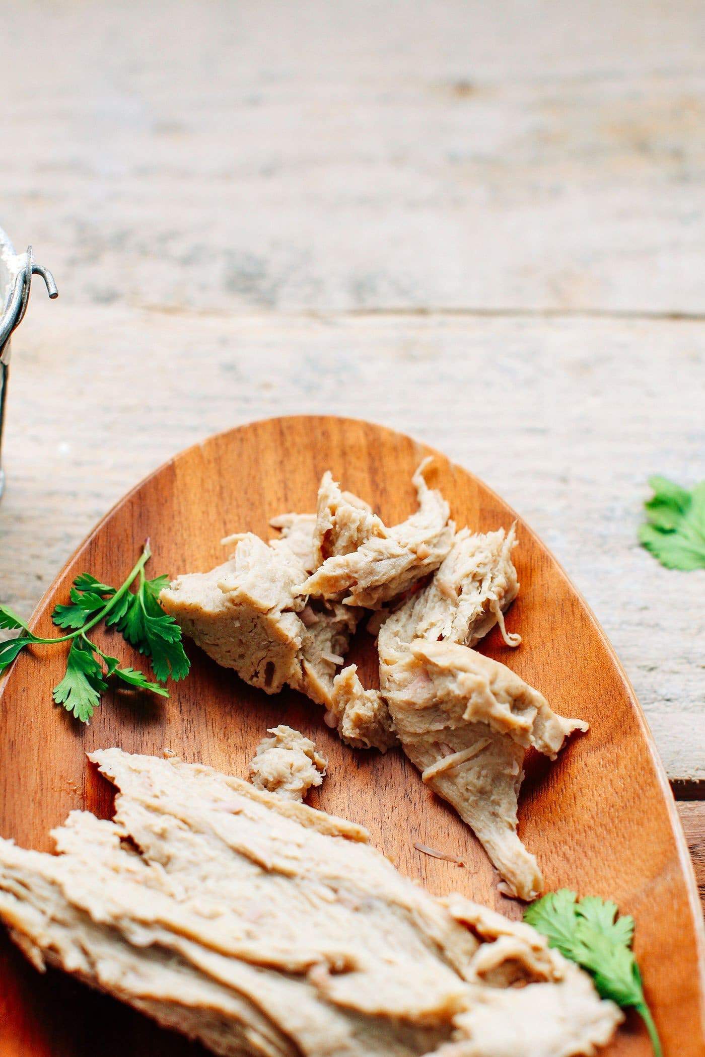 Sliced homemade vegan chick'n roast