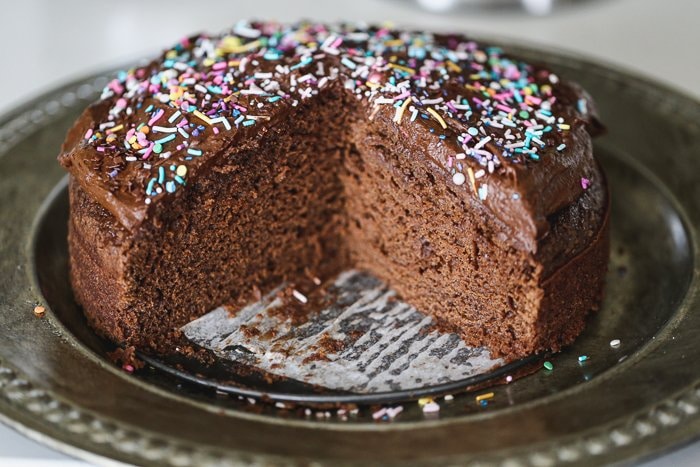 sliced open vegan chocolate cake