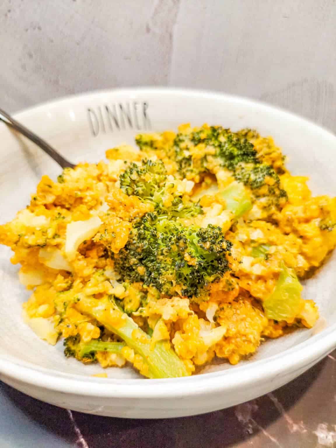 Vegan broccoli cauliflower quinoa casserole with cashew cheese sauce
