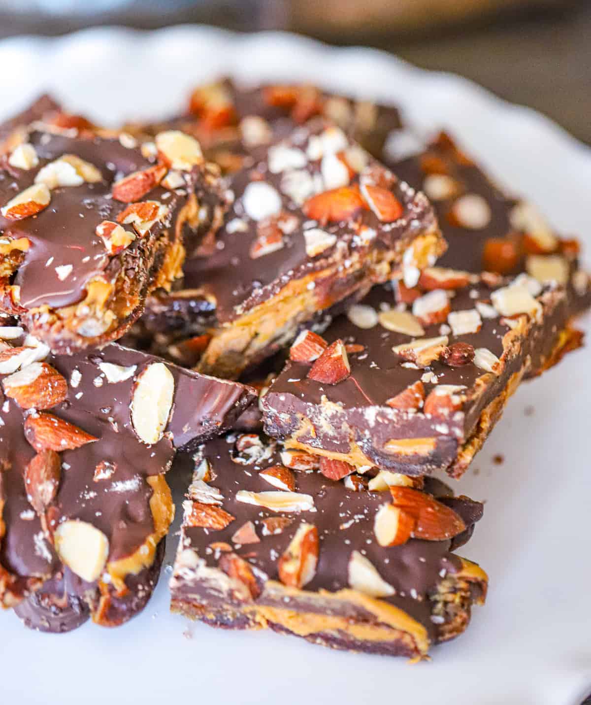 Easy chocolate, peanut butter, almonds Date Bark Recipe is vegan and dairy-free