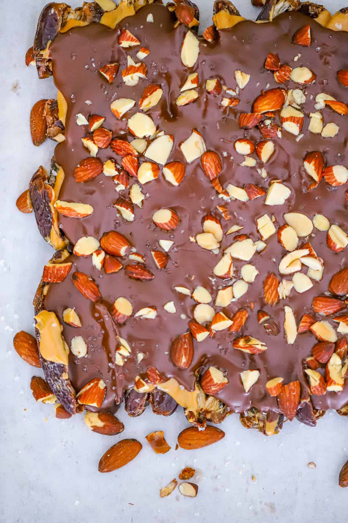 Easy chocolate, peanut butter, almonds Date Bark Recipe is vegan and dairy-free