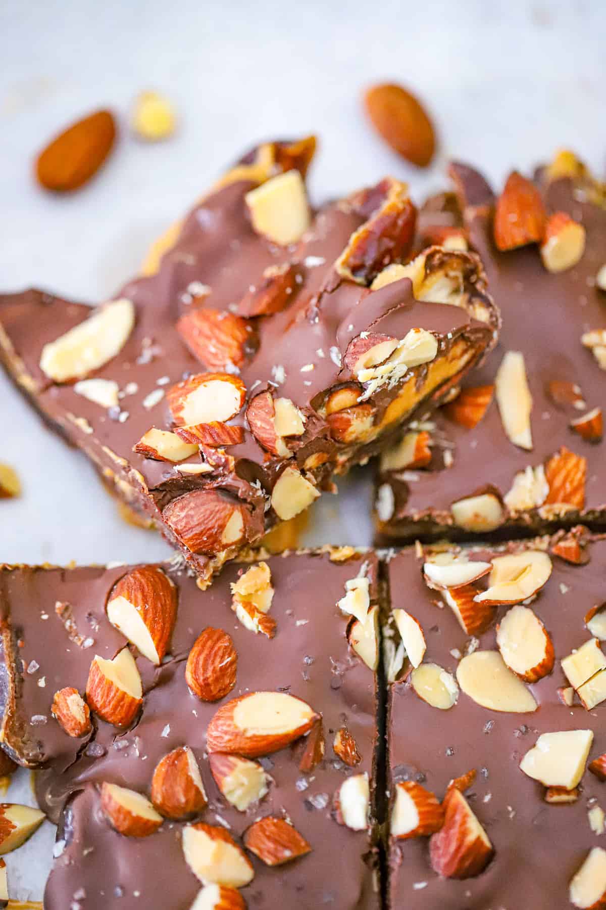 Easy chocolate, peanut butter, almonds Date Bark Recipe is vegan and dairy-free