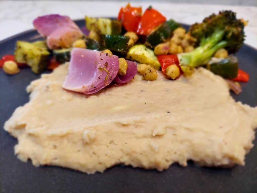 Lemon Herb Roasted Veggies and Chickpeas with White Bean Mash recipe