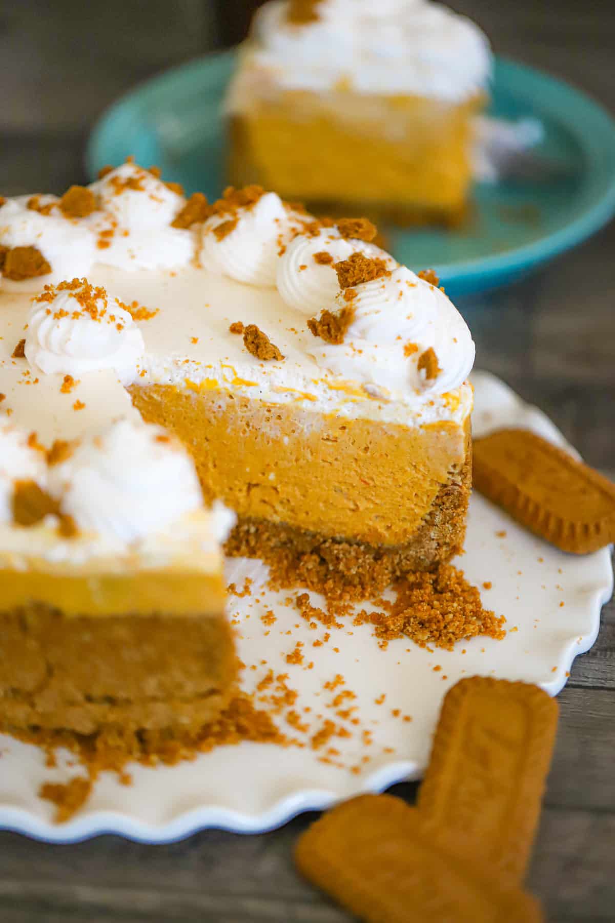 whole vegan pumpkin Biscoff cheesecake with a firm cookie crust