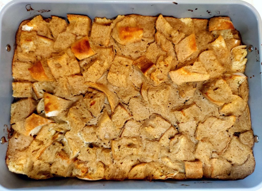 baked vegan french toast casserole fresh from the oven with golden brown top