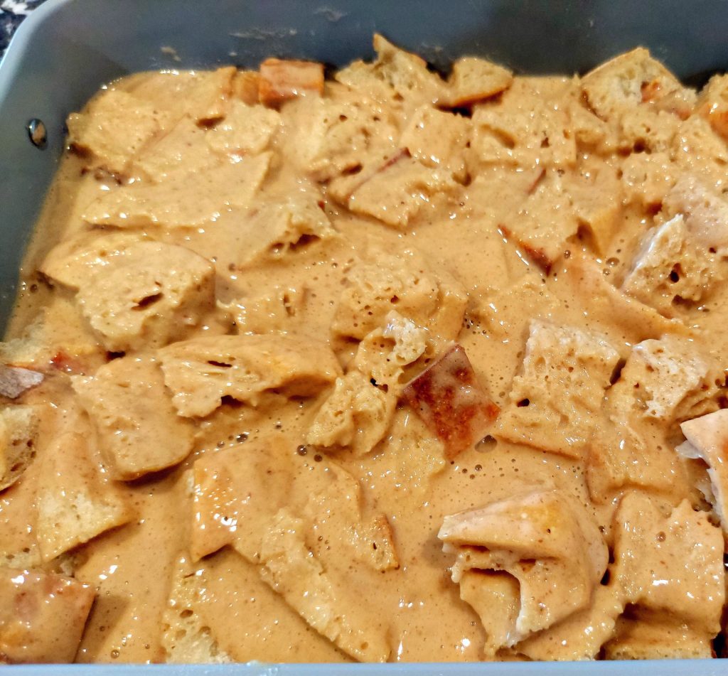 vegan french toast casserole assembled and ready to go in the oven