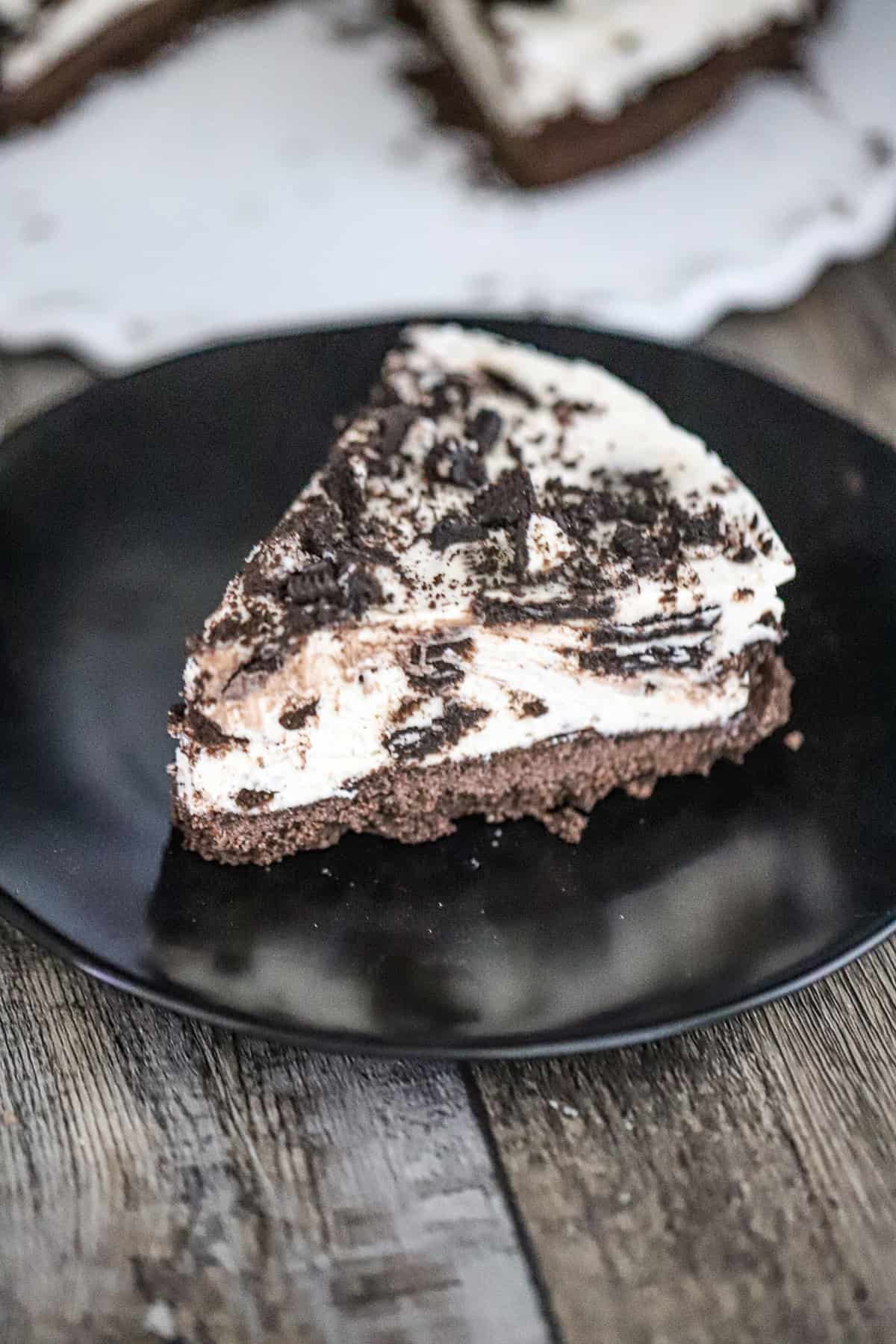 close-up of creamy no-bake cheesecake filling with cookie chunks
