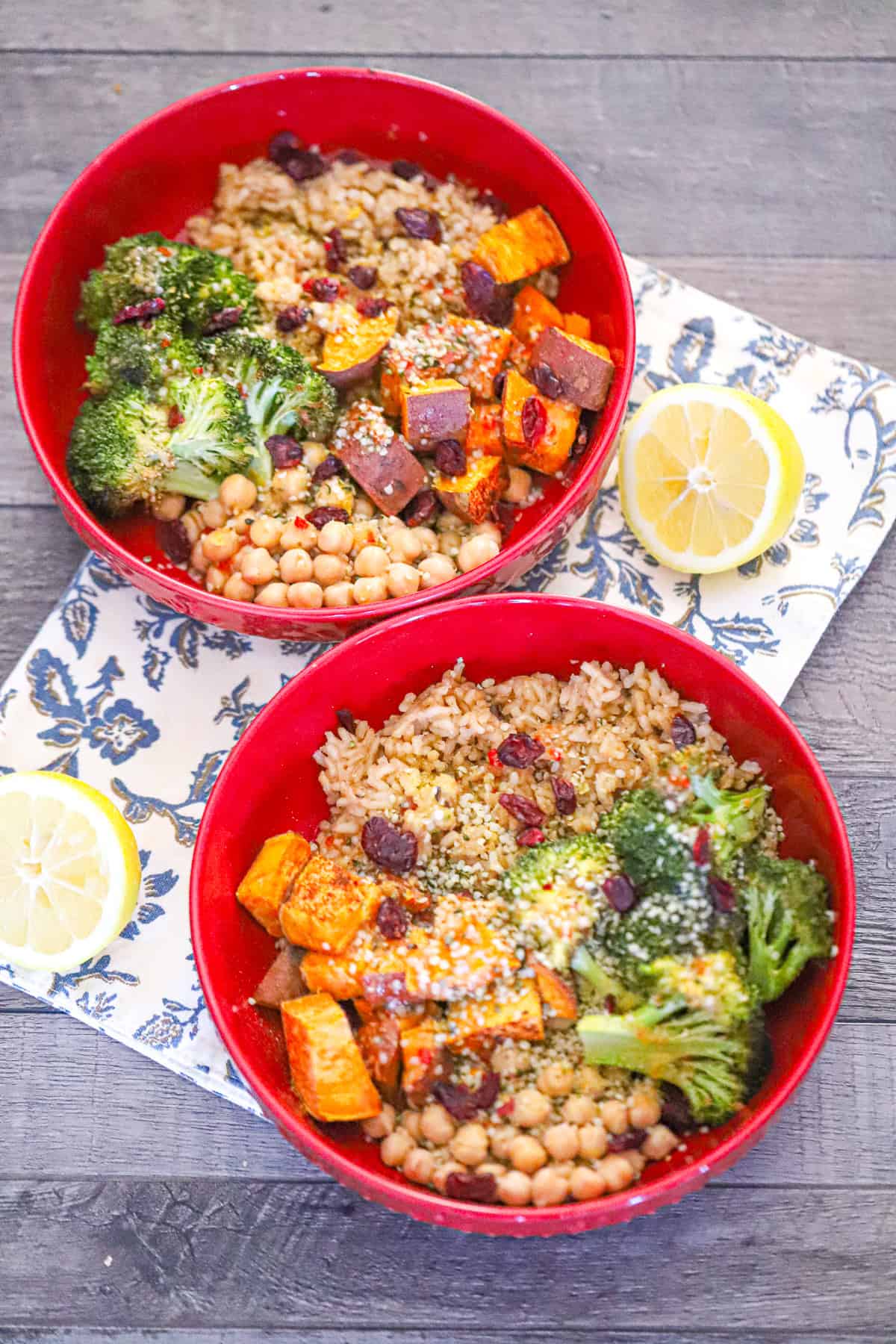 high protein chickpea bowl served with lemon tahini dressing