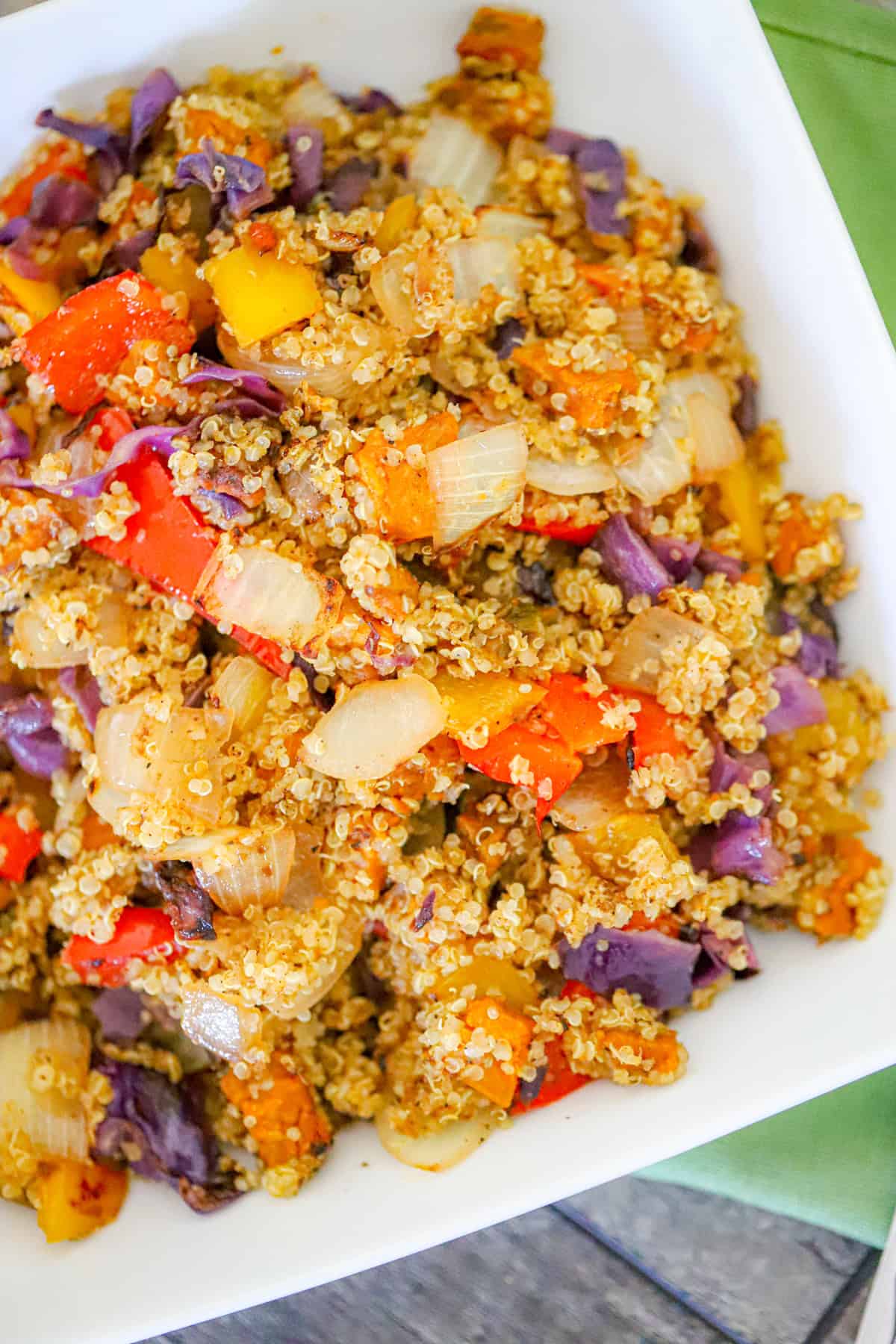 serving of roasted pepper and onion quinoa dinner bowl